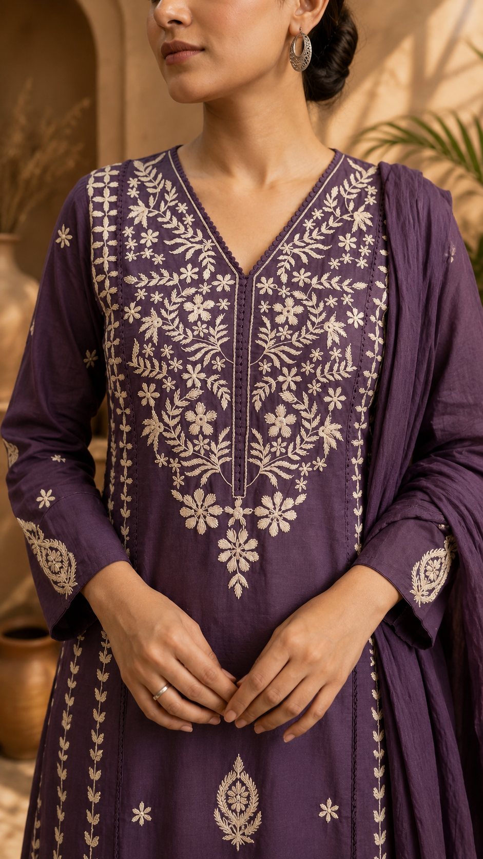 Pure Cotton Designer Embroidered Kurta Pant Set with Dupatta – Royal Plum Purple