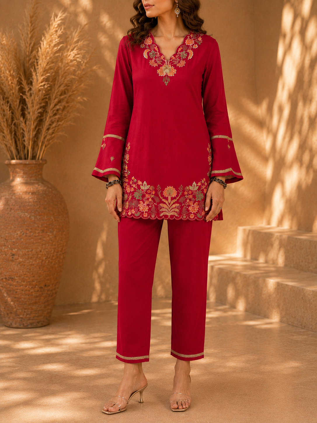 Premium Embroidered Red Co-Ord Set | Elegant Festive & Ethnic Wear