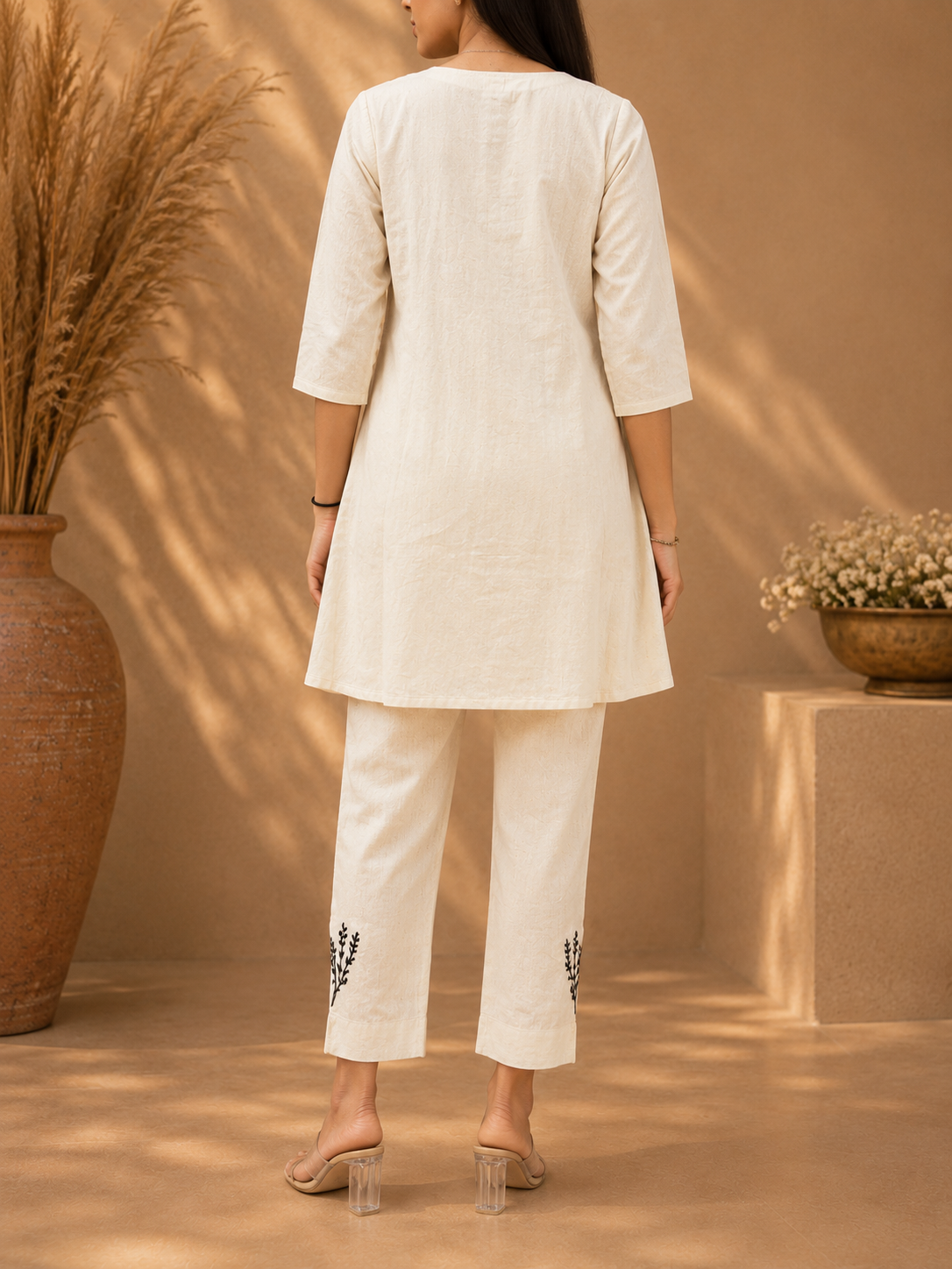 Premium Off-White Embroidered Cotton Co-Ord Set | Elegant Casual & Office Wear - Image 2