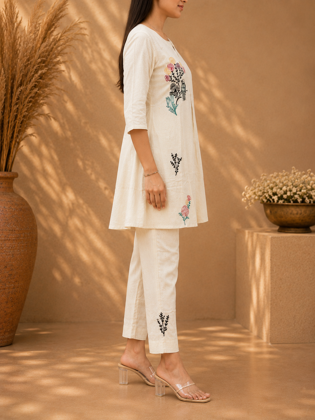 Premium Off-White Embroidered Cotton Co-Ord Set | Elegant Casual & Office Wear - Image 3