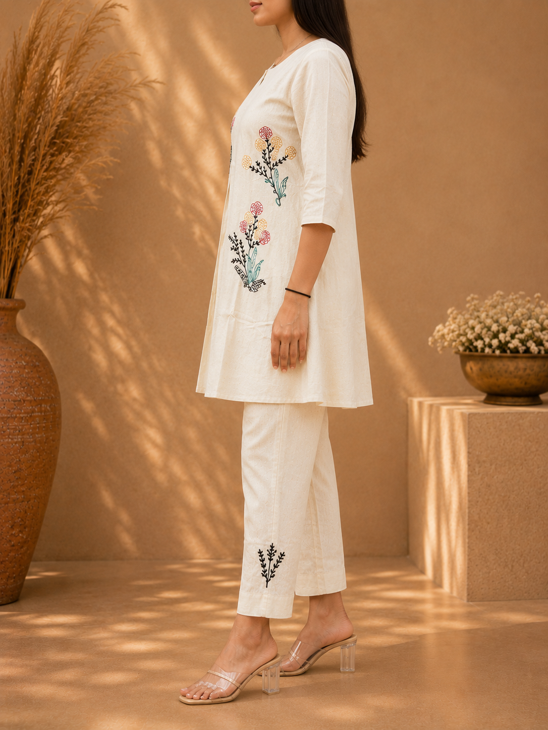 Premium Off-White Embroidered Cotton Co-Ord Set | Elegant Casual & Office Wear - Image 4
