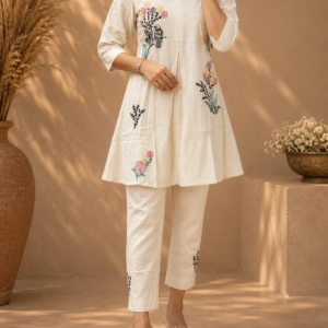 Premium Off-White Embroidered Cotton Co-Ord Set | Elegant Casual & Office Wear