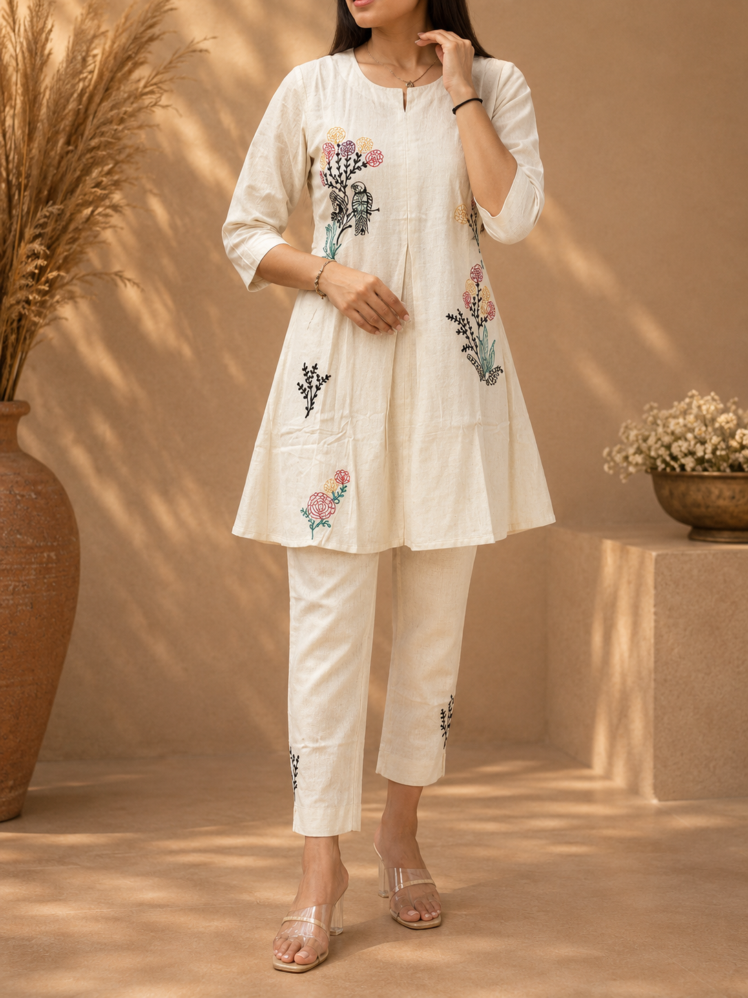 Premium Off-White Embroidered Cotton Co-Ord Set | Elegant Casual & Office Wear