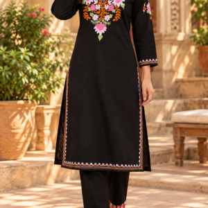 Premium Black Cotton Co-Ord Set with Heavy Floral Embroidery | Kurti & Palazzo Set