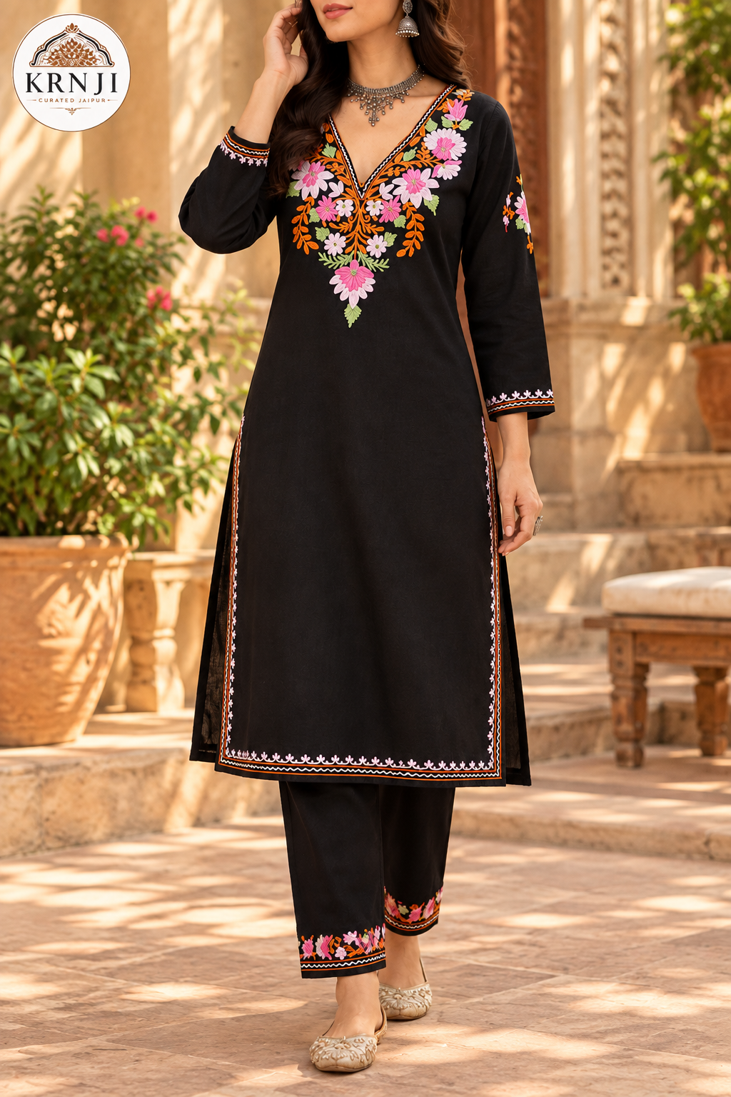 Premium Black Cotton Co-Ord Set with Heavy Floral Embroidery | Kurti & Palazzo Set