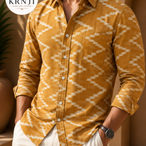 Premium Mustard Yellow Printed Cotton Shirt with White Ikat-Inspired Geometric Pattern