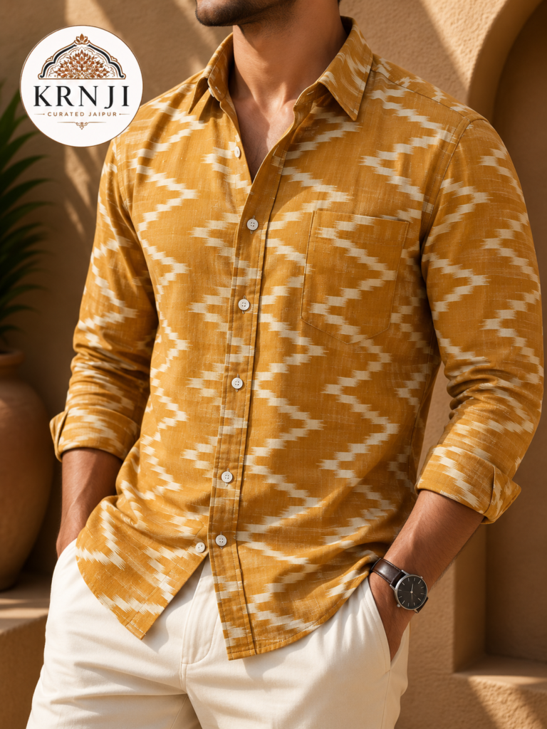 Premium Mustard Yellow Printed Cotton Shirt with White Ikat-Inspired Geometric Pattern