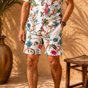 Premium Ivory Multicolour Floral Printed Shirt & Shorts Co-Ord Set