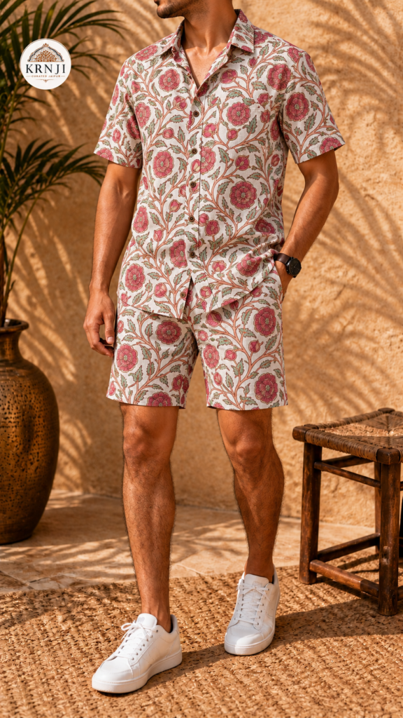 Premium Ivory Floral Printed Shirt and Shorts Co-Ord Set