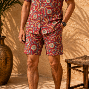 Premium Brick Red Paisley Printed Shirt and Shorts Co-Ord Set