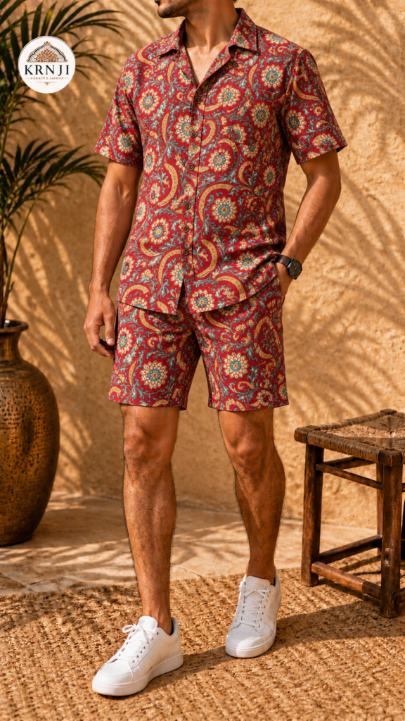 Premium Brick Red Paisley Printed Shirt and Shorts Co-Ord Set