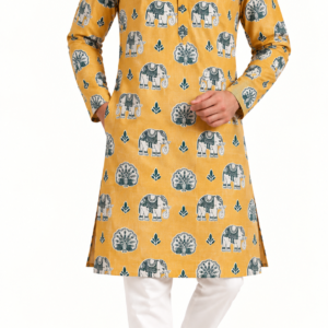 Premium Elephant & Floral Printed Cotton Long Kurta | Mustard Yellow Ethnic Kurta