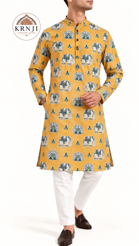 Premium Elephant & Floral Printed Cotton Long Kurta | Mustard Yellow Ethnic Kurta