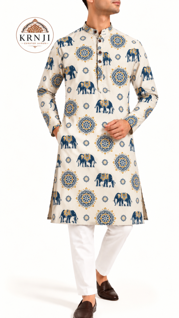 Premium Elephant & Mandala Printed Cotton Long Kurta | Ivory Ethnic Kurta