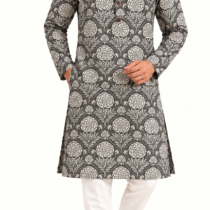Premium Floral Printed Cotton Long Kurta | Charcoal Grey Ethnic Kurta