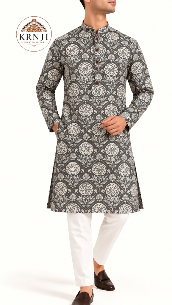 Premium Floral Printed Cotton Long Kurta | Charcoal Grey Ethnic Kurta