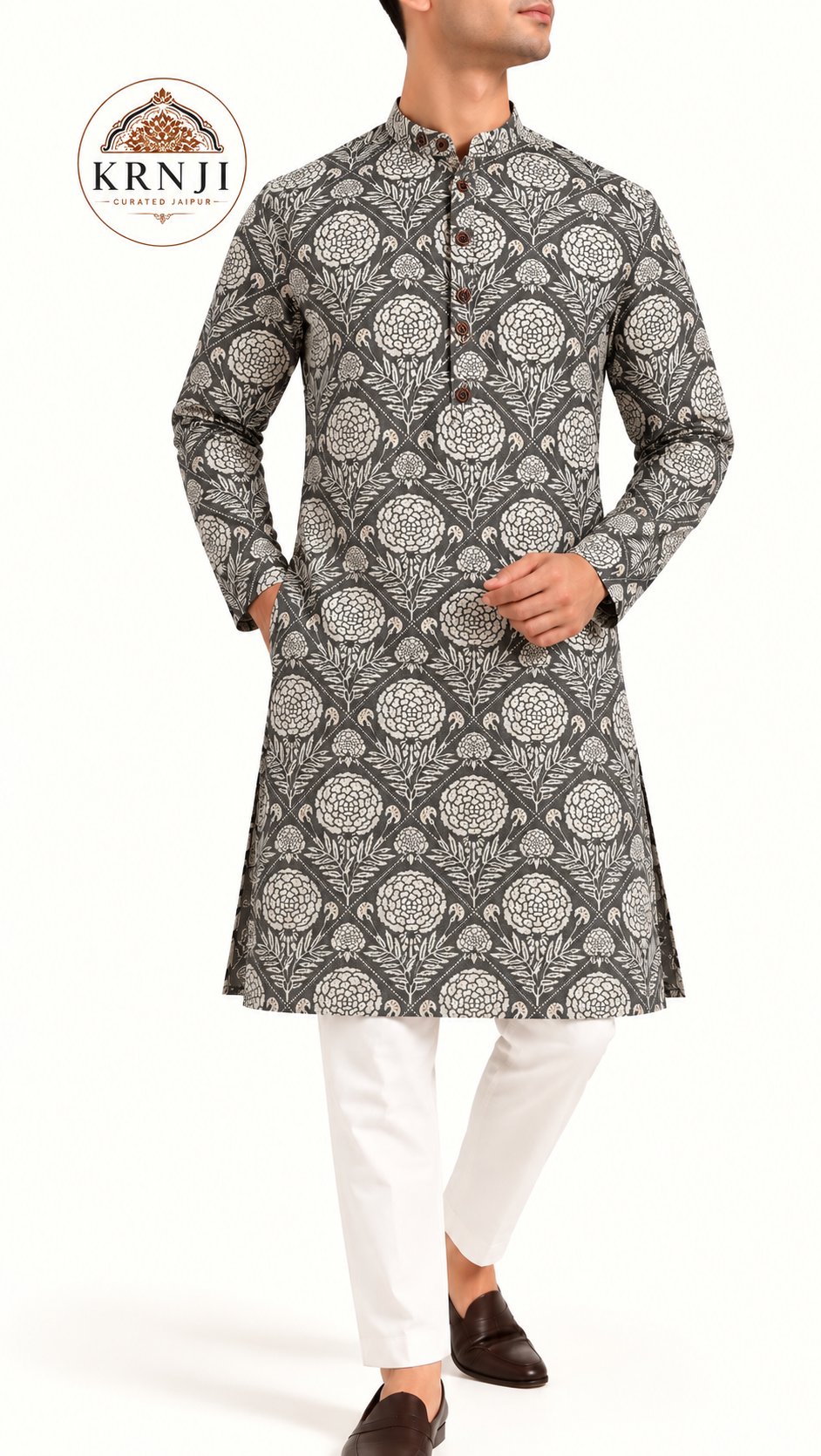 Premium Floral Printed Cotton Long Kurta | Charcoal Grey Ethnic Kurta