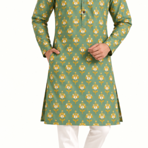 Premium Floral Printed Cotton Long Kurta | Green Ethnic Kurta