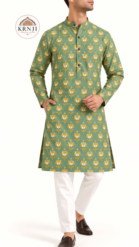 Premium Floral Printed Cotton Long Kurta | Green Ethnic Kurta