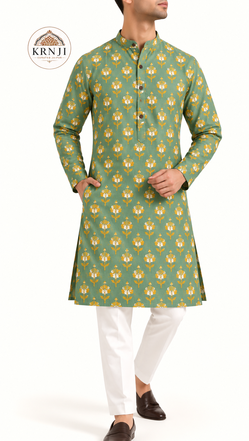 Premium Floral Printed Cotton Long Kurta | Green Ethnic Kurta