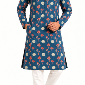Premium Floral & Circle Printed Cotton Long Kurta | Teal Blue Ethnic Kurta