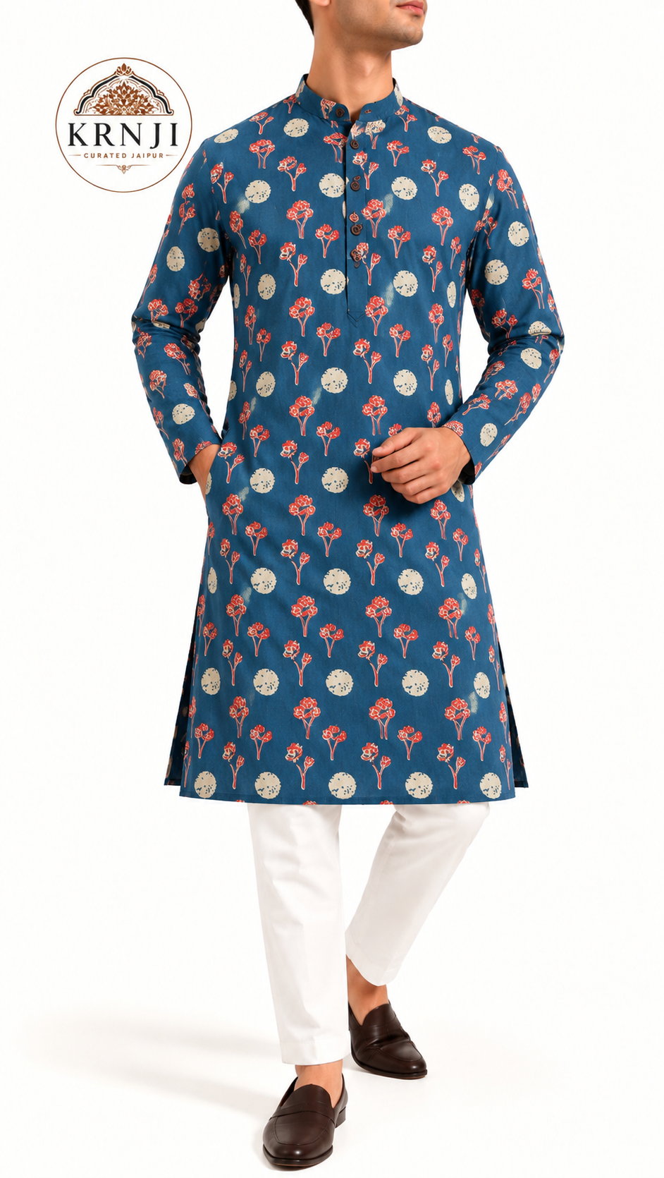 Premium Floral & Circle Printed Cotton Long Kurta | Teal Blue Ethnic Kurta