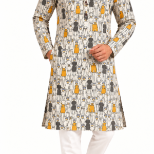 Premium Artistic Figure Printed Cotton Long Kurta | Ivory Ethnic Kurta