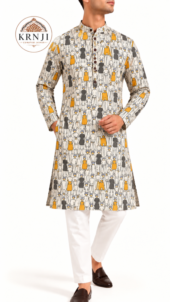 Premium Artistic Figure Printed Cotton Long Kurta | Ivory Ethnic Kurta