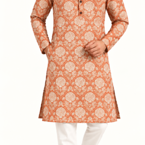 Premium Floral Printed Cotton Long Kurta | Rust Orange Ethnic Kurta