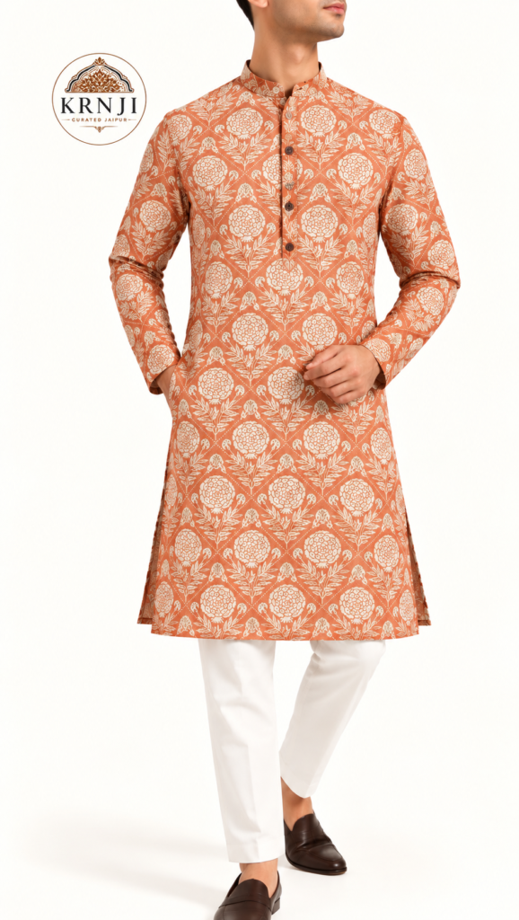 Premium Floral Printed Cotton Long Kurta | Rust Orange Ethnic Kurta