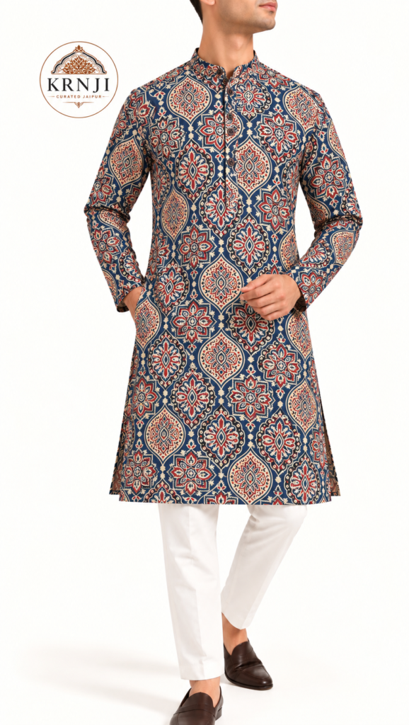 Premium Geometric Floral Printed Cotton Long Kurta | Blue Ethnic Kurta