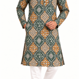 Premium Geometric Printed Cotton Long Kurta | Green & Mustard Ethnic Kurta