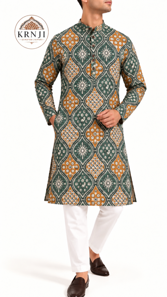 Premium Geometric Printed Cotton Long Kurta | Green & Mustard Ethnic Kurta