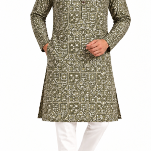 Premium Geometric Printed Cotton Long Kurta | Olive Green Ethnic Kurta
