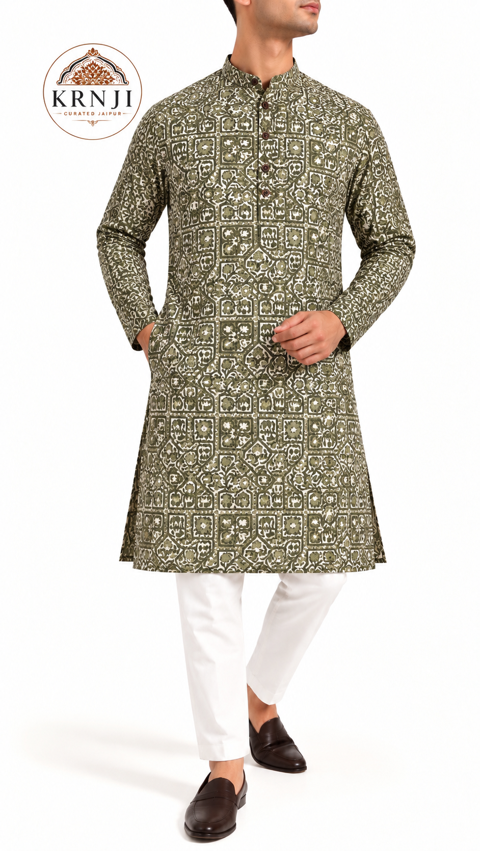 Premium Geometric Printed Cotton Long Kurta | Olive Green Ethnic Kurta
