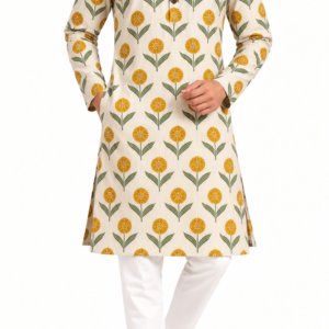 Premium Marigold Floral Printed Cotton Long Kurta | Ivory Ethnic Kurta