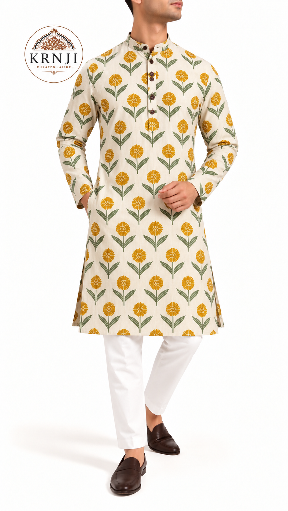 Premium Marigold Floral Printed Cotton Long Kurta | Ivory Ethnic Kurta