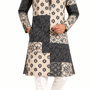 Premium Black & Ivory Patchwork Printed Cotton Long Kurta | Ethnic Kurta