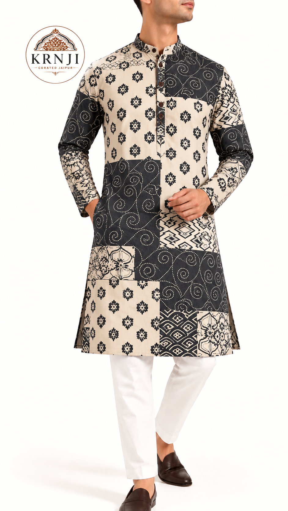 Premium Black & Ivory Patchwork Printed Cotton Long Kurta | Ethnic Kurta