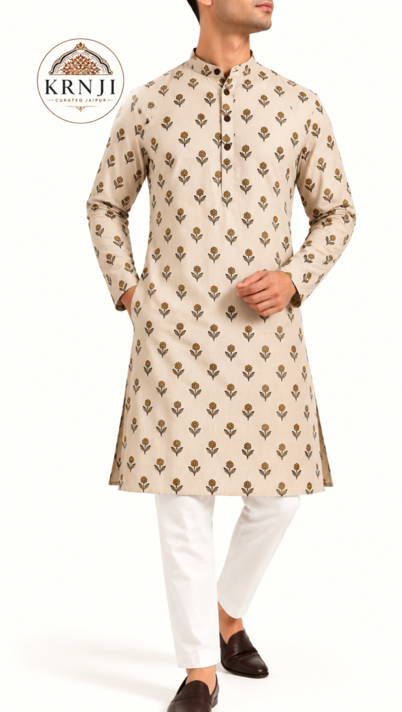 Premium Small Floral Printed Cotton Long Kurta | Ivory Ethnic Kurta