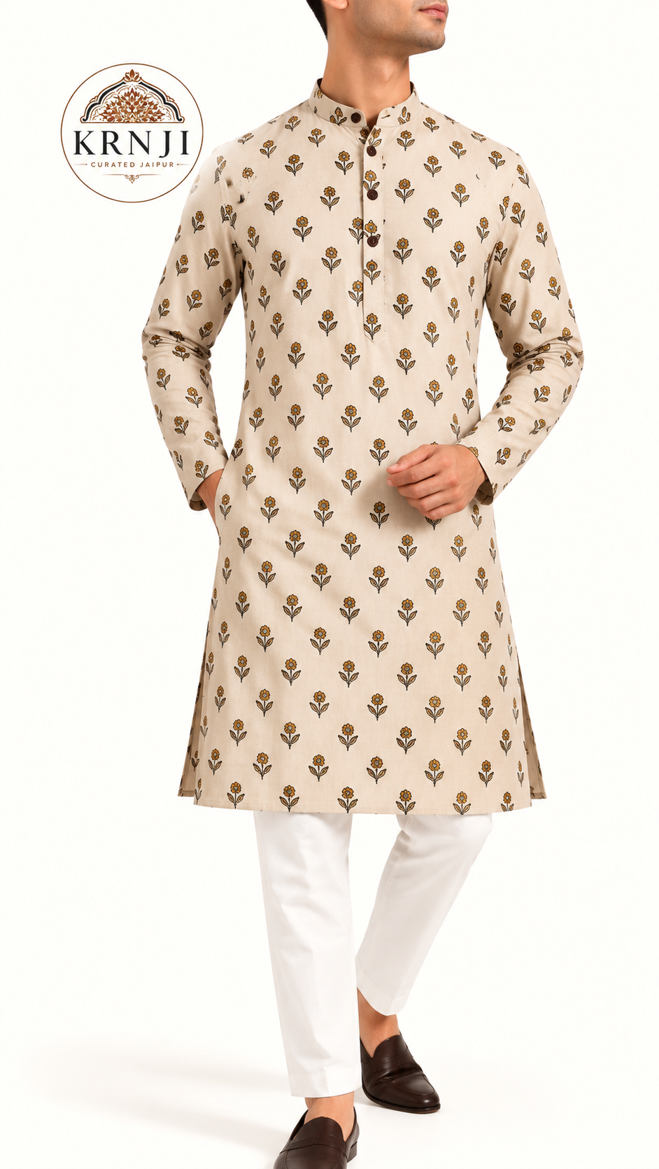 Premium Small Floral Printed Cotton Long Kurta | Ivory Ethnic Kurta