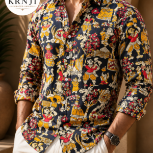 Premium Navy Blue Sanganeri Printed Cotton Shirt with Traditional Rajasthani Folk Art