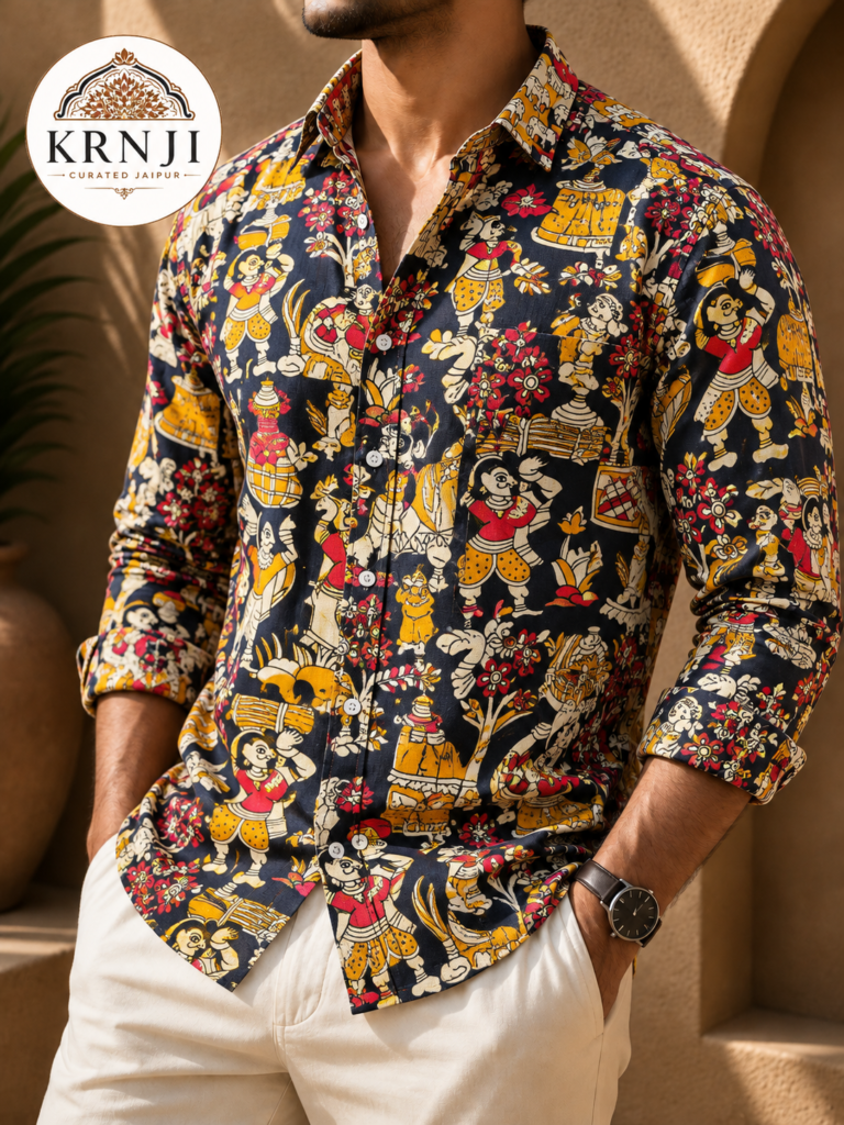 Premium Navy Blue Sanganeri Printed Cotton Shirt with Traditional Rajasthani Folk Art