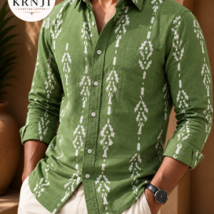 Premium Olive Green Printed Cotton Shirt with White Traditional Geometric Motifs