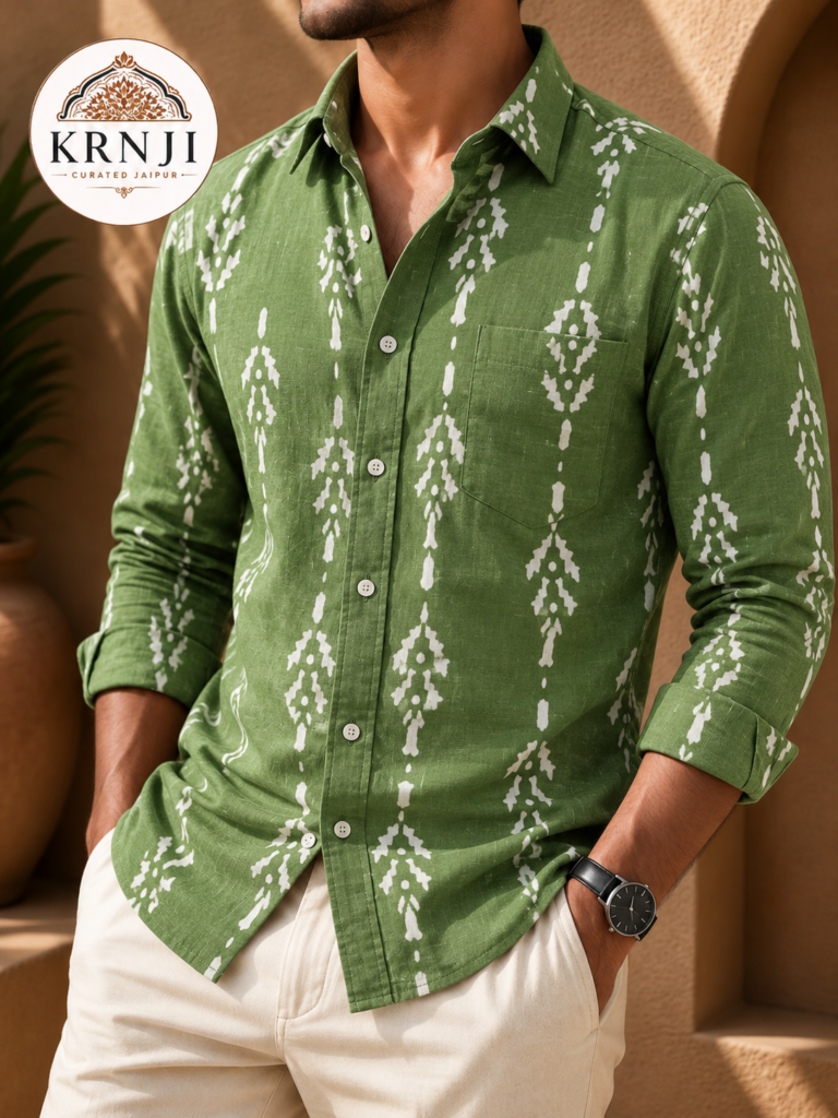 Premium Olive Green Printed Cotton Shirt with White Traditional Geometric Motifs