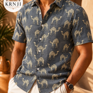 Premium Grey Cotton Shirt with Traditional Camel Print | Half Sleeve Casual Shirt