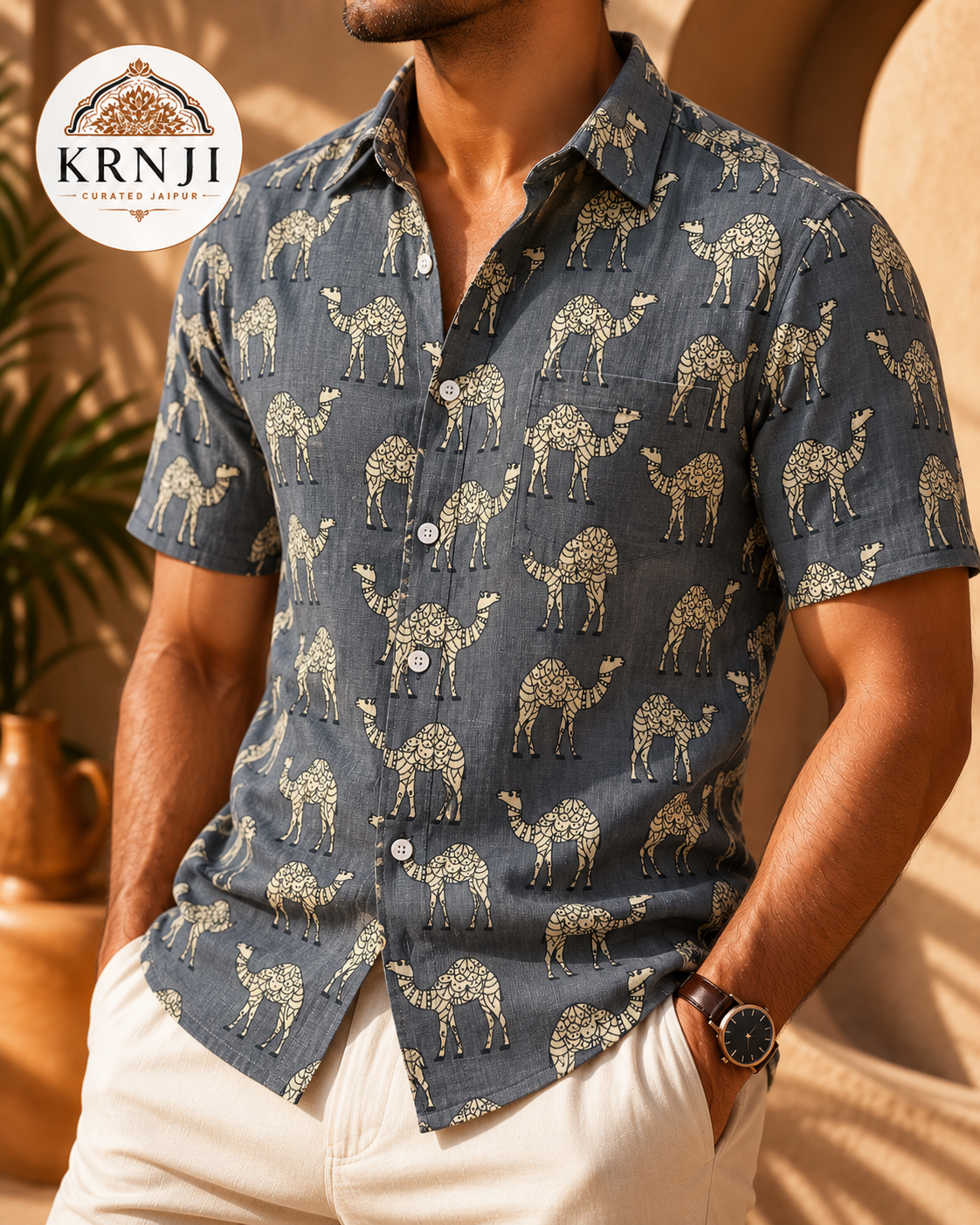 Premium Grey Cotton Shirt with Traditional Camel Print | Half Sleeve Casual Shirt
