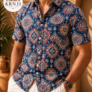 Premium Navy Blue Floral Geometric Sanganeri Printed Half Sleeve Shirt