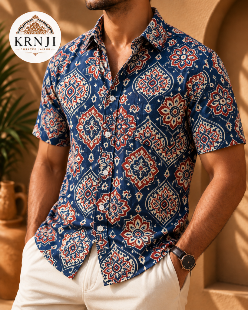 Premium Navy Blue Floral Geometric Sanganeri Printed Half Sleeve Shirt