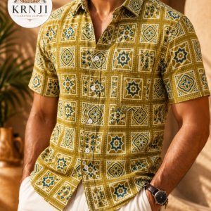 Premium Olive Green Geometric Sanganeri Printed Half Sleeve Shirt